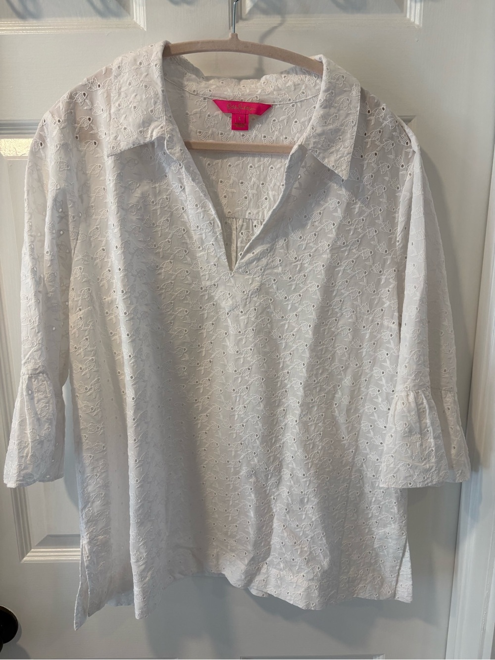Lilly Pulitzer Fishy White Eyelet Split-V Top